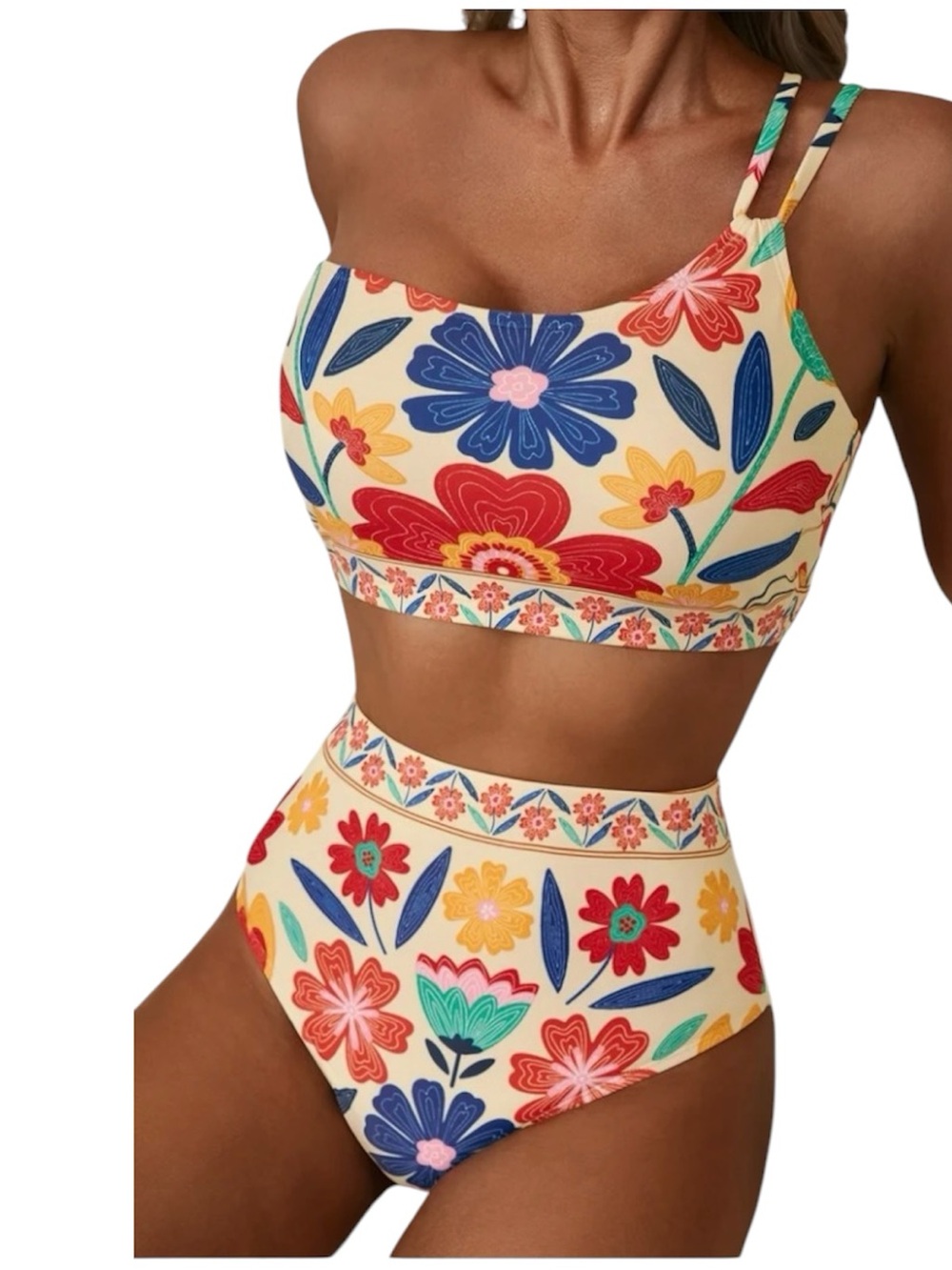 Floral One Shoulder High-Waist Bikini Set - Cream Multicolor, Tropical, NWOT M